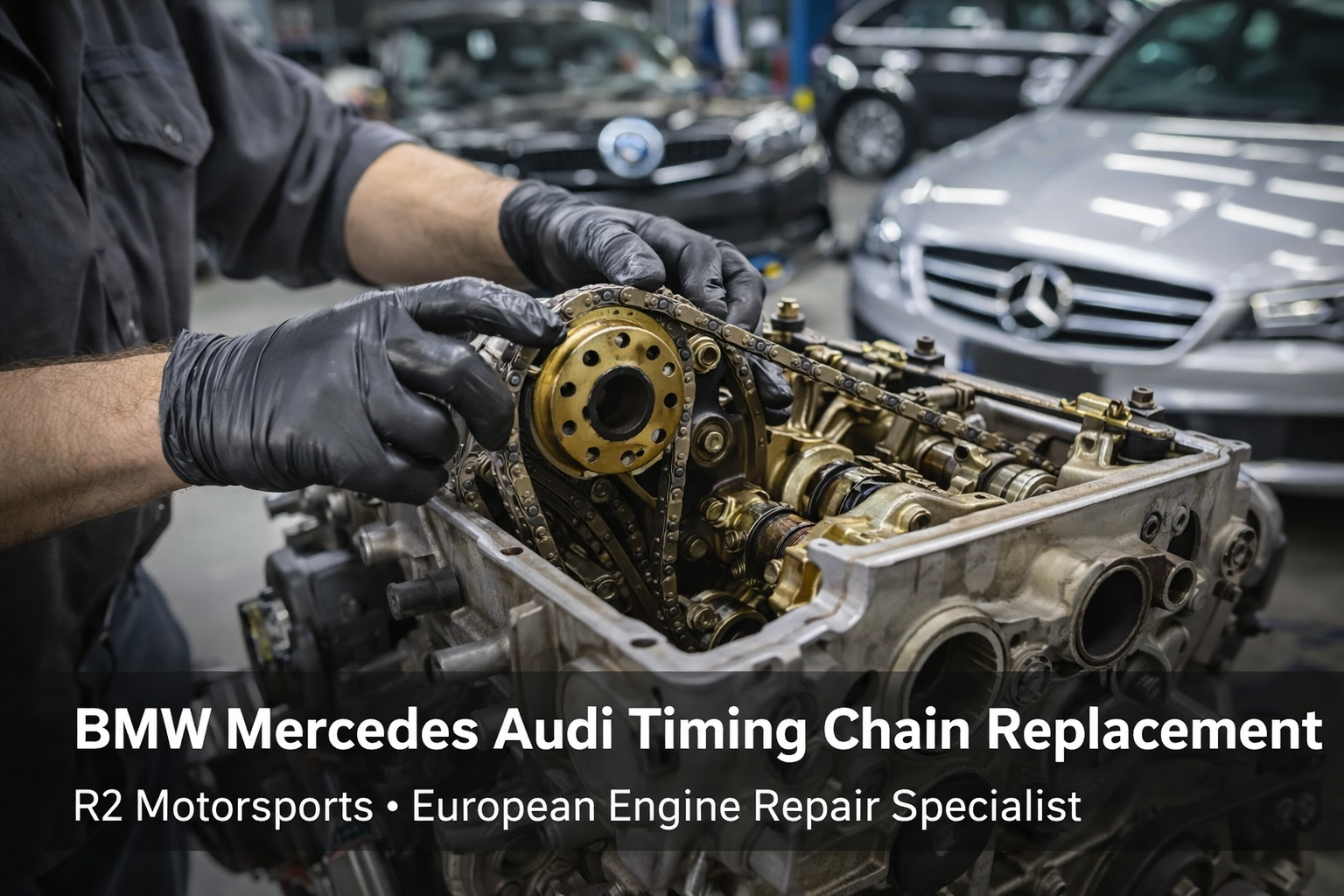 BMW Mercedes Audi timing chain replacement repair performed by European engine repair specialist at R2 Motorsports