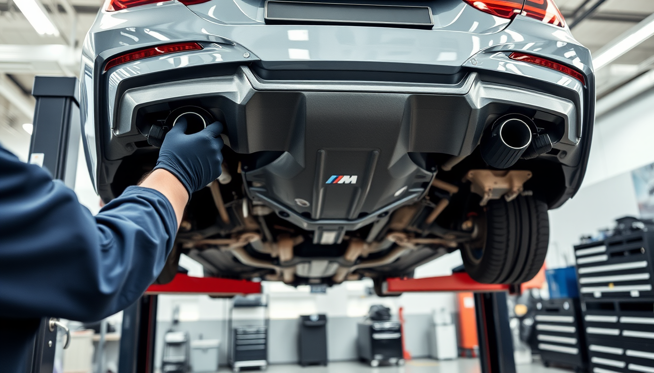 A technician inspecting the rear differential of a BMW M car on a lift while tracing BMW M differential noise.