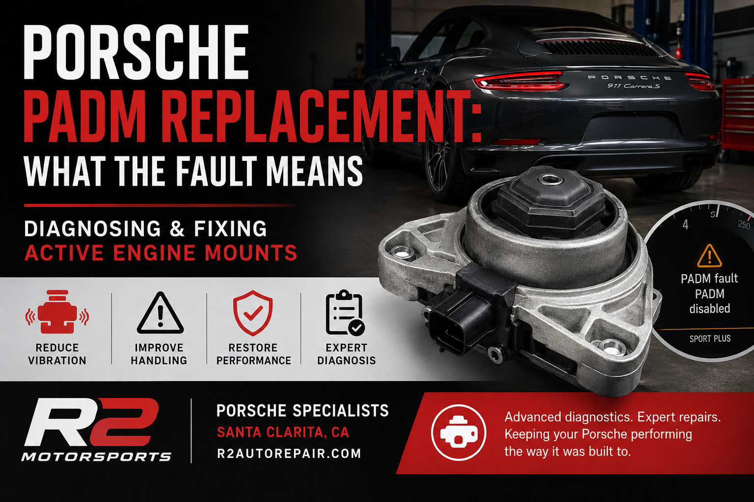 R2 Motorsports Porsche PADM replacement graphic showing active engine mount diagnostics for Santa Clarita drivers.