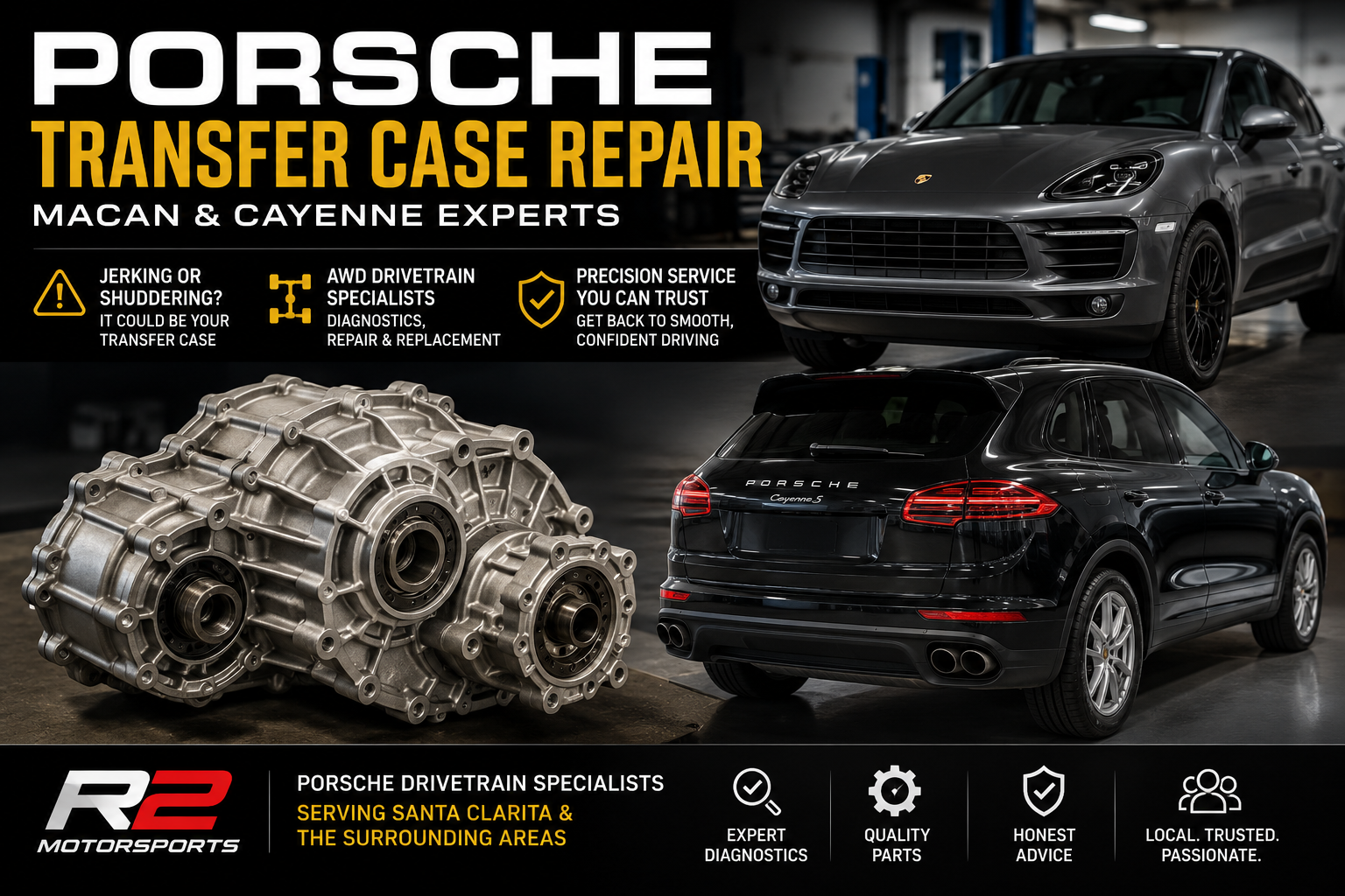 Porsche transfer case repair feature image showing Macan and Cayenne drivetrain service by R2 Motorsports