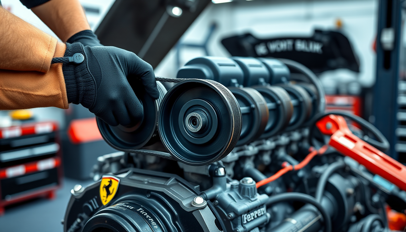 A technician fitting a new Ferrari 360 timing belt onto the cam pulleys of the exposed V8 engine in a bright shop.