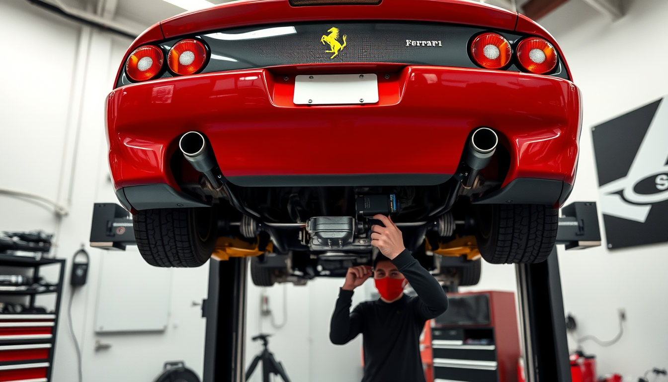 A red Ferrari 355 on a lift with its rear transaxle exposed as a technician inspects the F1 gearbox actuator.