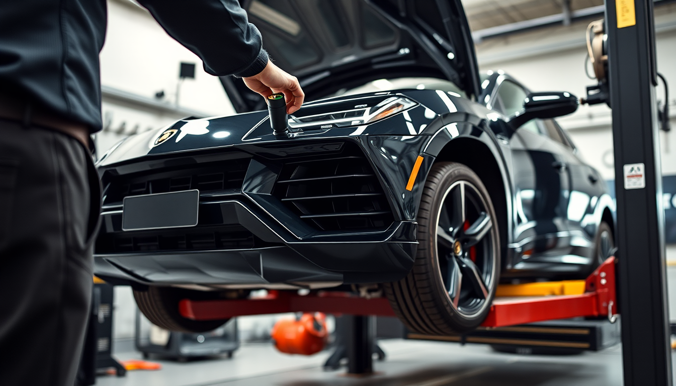 A technician removing an ignition coil from a Lamborghini Urus V8 while tracing a misfire in a repair shop.
