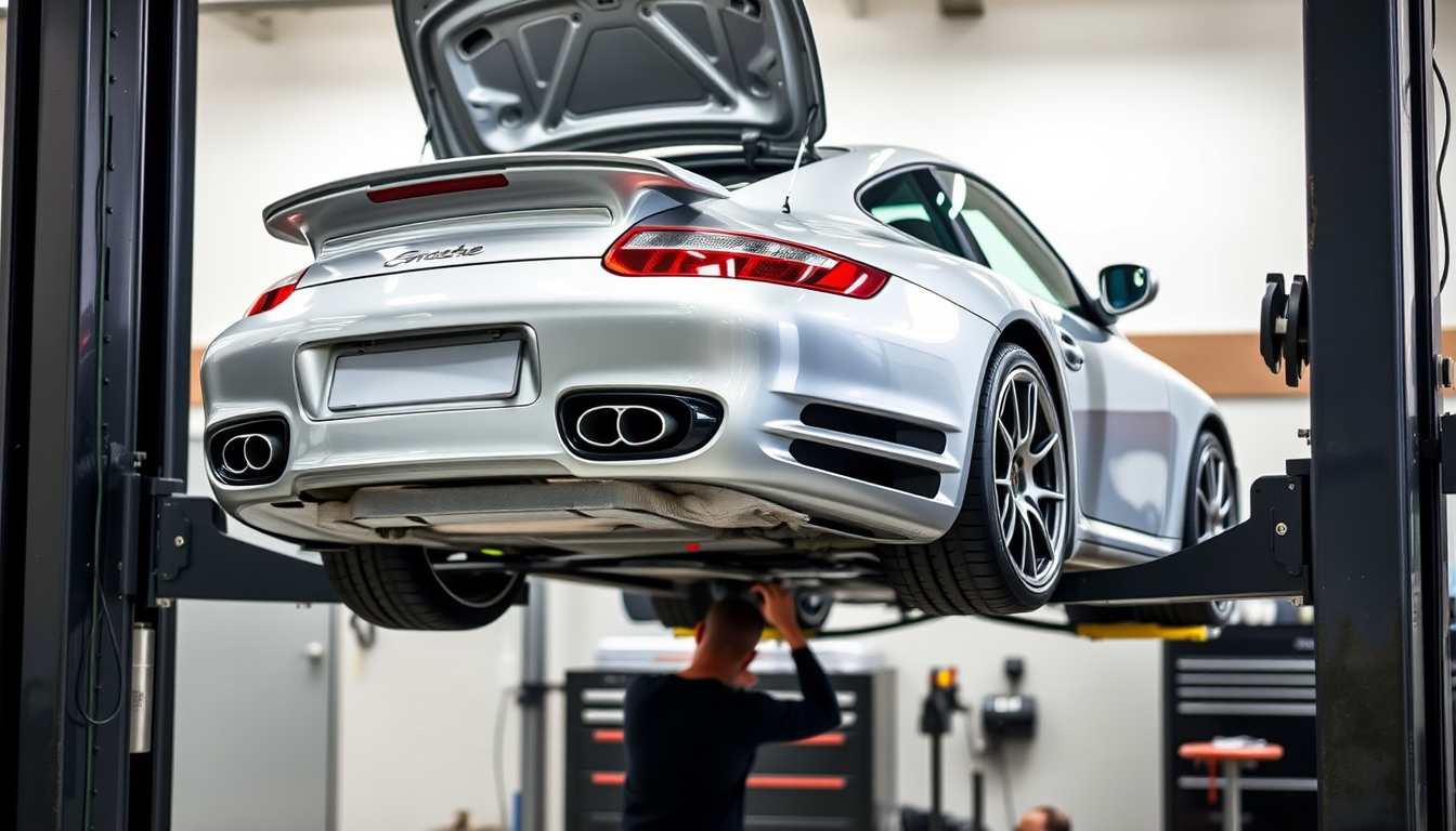 Blog 6 Silver Porsche 997 Turbo on a shop lift with rear wheels removed as a technician inspects the engine bay.