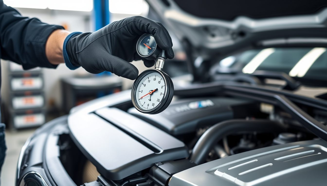 A technician connects manifold gauges to diagnose European car AC blowing warm at an independent repair shop.