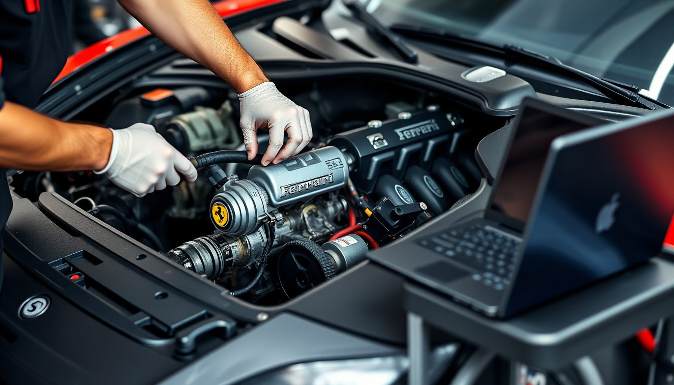 A technician performs Ferrari throttle body calibration on an open V8 engine bay using a laptop in a repair shop.