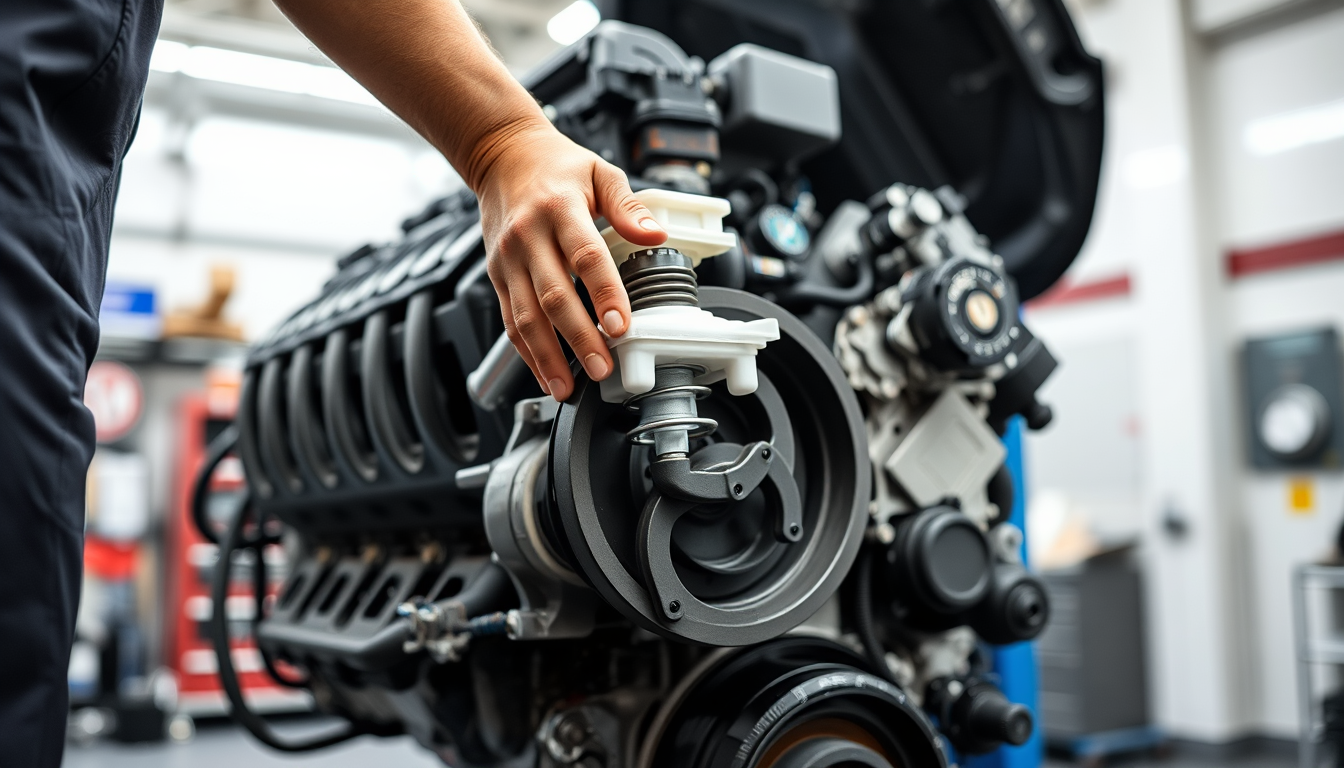 A technician installs a new thermostat housing on a German V8 cooling system in a clean independent repair bay.