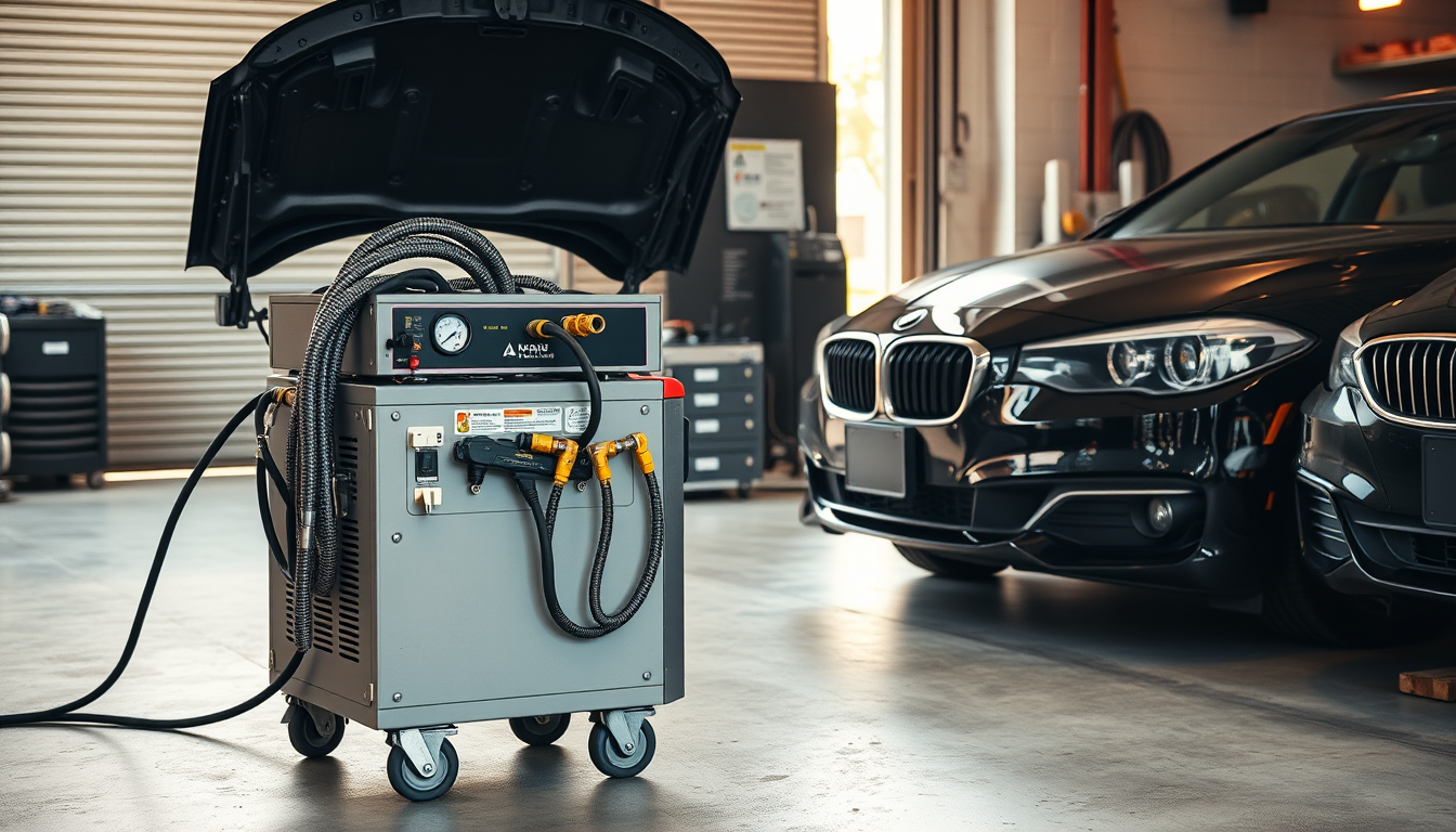 AC Repair in Castaic underway with refrigerant service equipment connected to a European sedan