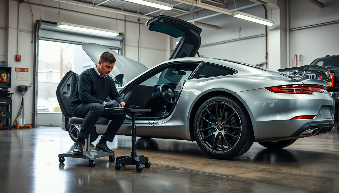 Technician performing Exotic Car Diagnostics with a laptop connected to a mid engine sports car