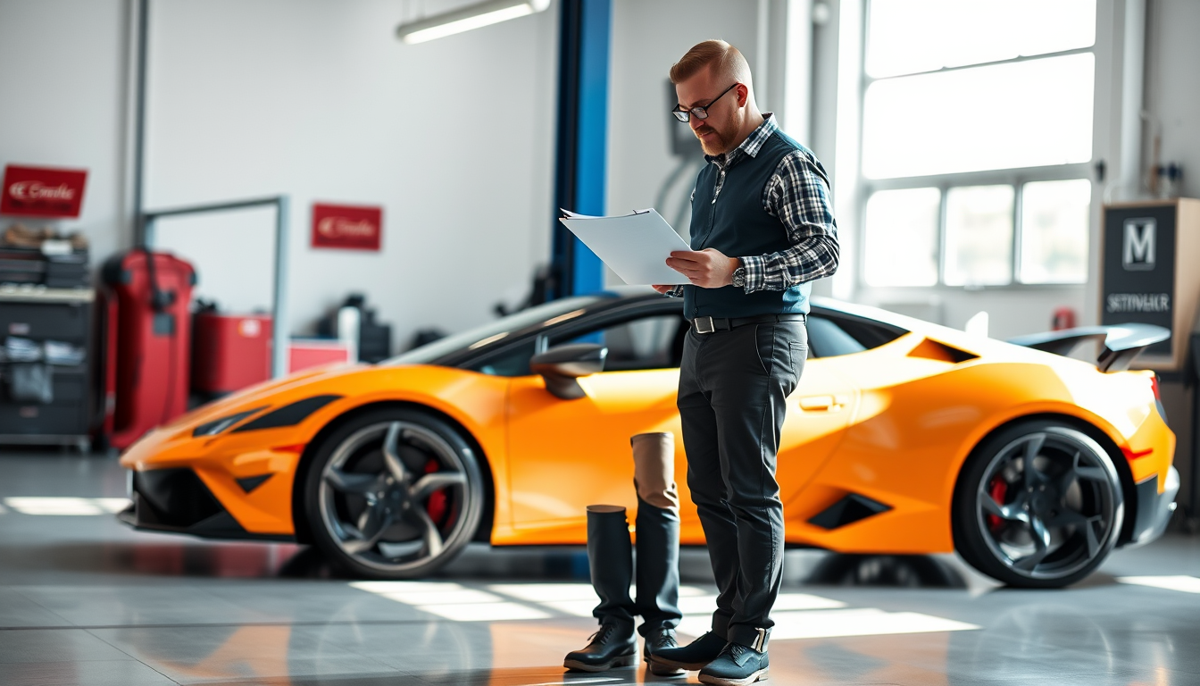 Discussing Exotic Car Maintenance Plans beside a customer owned exotic sports car